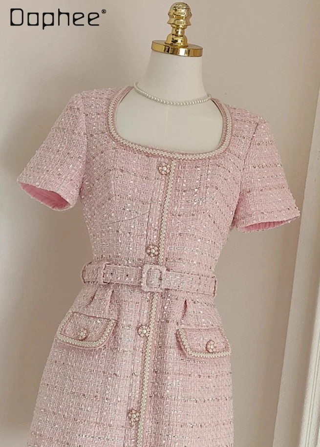 

2025 Autumn New French Elegant Tweed Dress High-End Heavy Pleats Belt Slim Fit Square Neck Short Sleeve A-Line Dress for Women