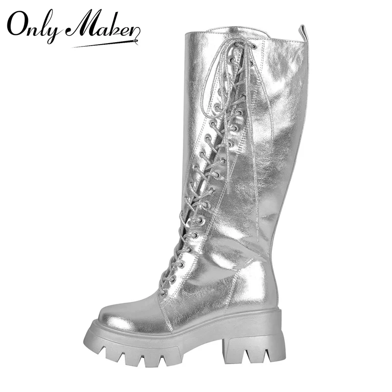 

Onlymaker Women Silver Knee High Boots Round Toe Side Zipper Matte Lace UP Plus Size Female Punk Boots