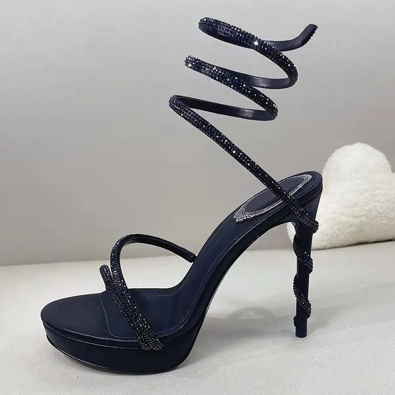 

Super High Heels Sandals Woman Rhinestone Snake Twine Around Ankle Strap Runway Shoes Woman Crystal Platform Sandals Women