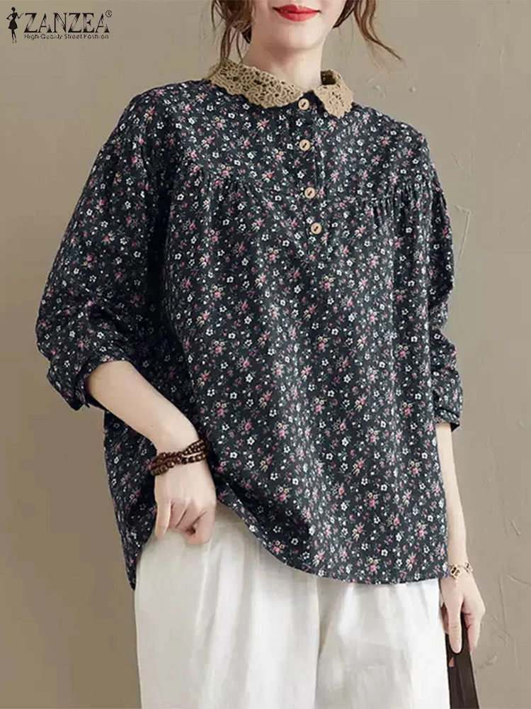 ZANZEA-camisas Vintage de manga larga para mujer, blusa con estampado Floral, Blusas informales con cuello de solapa para trabajo, Tops holgados a la moda, Túnica 2024