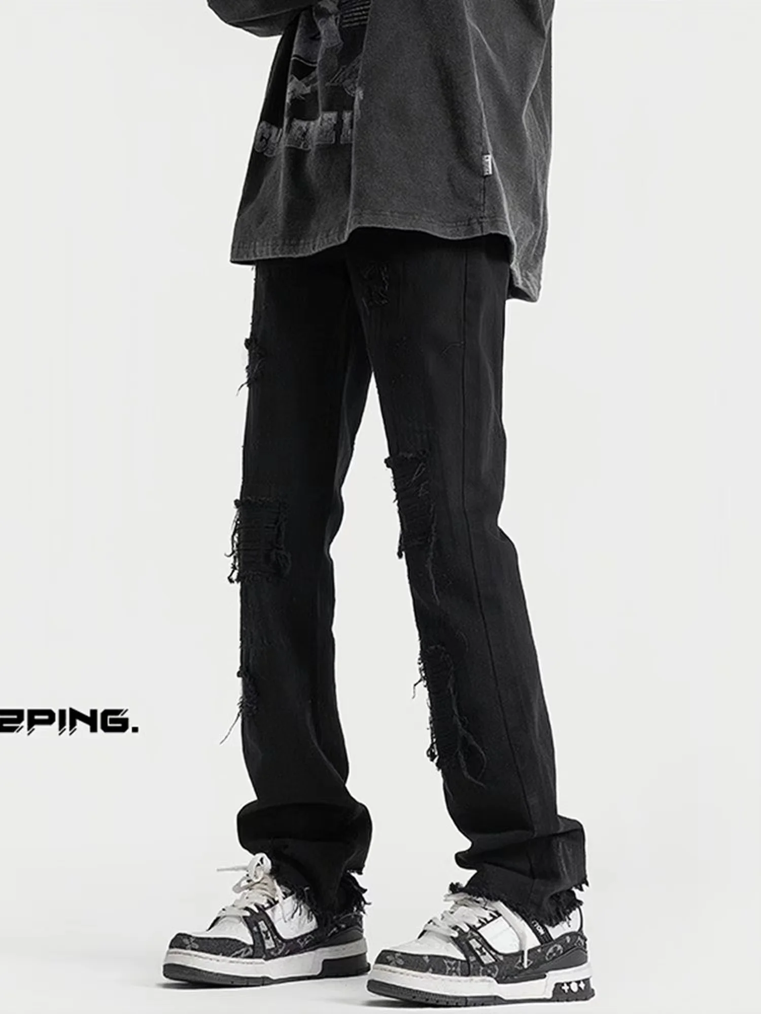 

Мужские джинсы Black Vibe с широкими штанинами и эффектом потертости, прямого кроя, больших размеров, весна-осень, в американском уличном стиле, с рваными краями