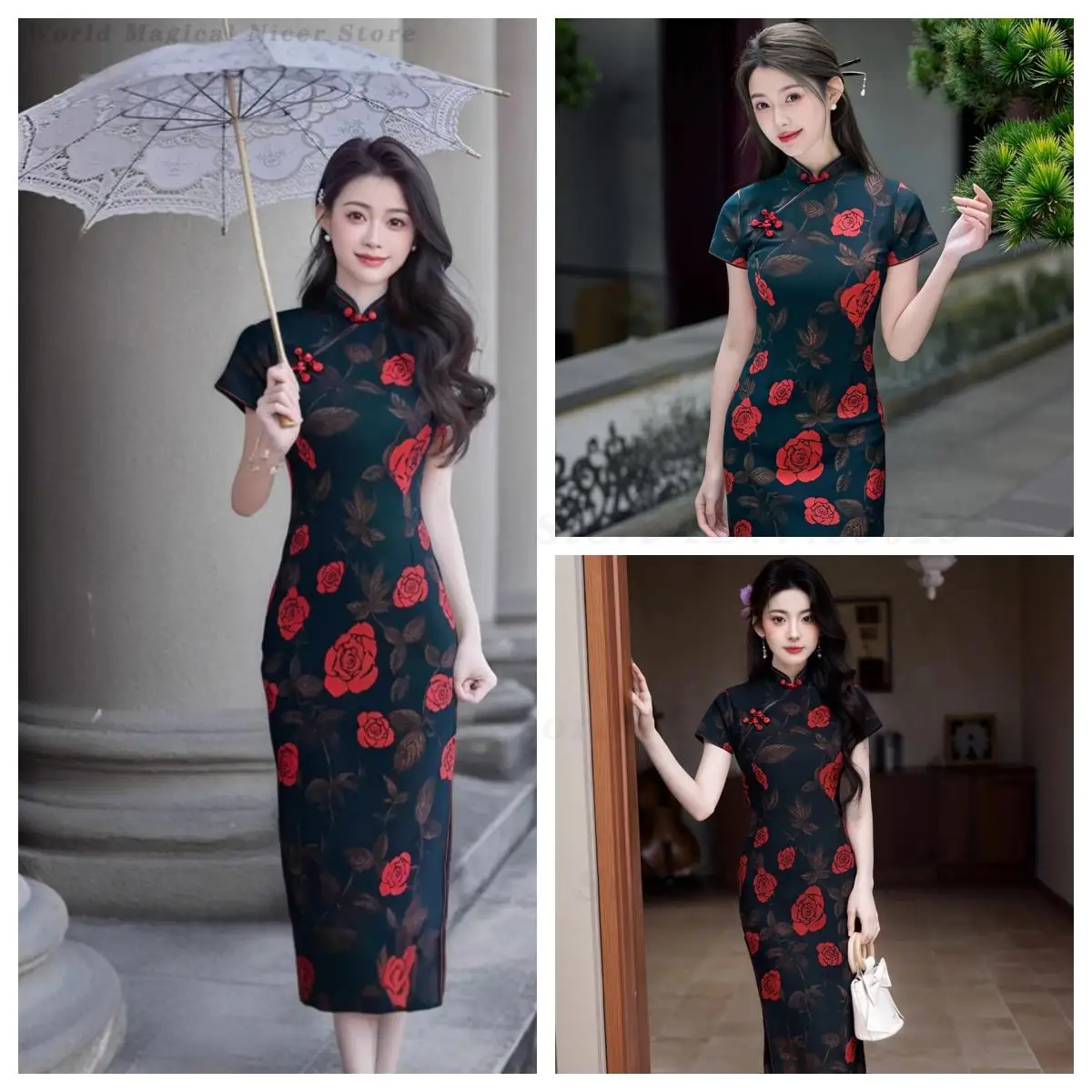 Traditional Gorgeous Cheongsam New Summer Modified Print Floral Chinese Qipao Elegant Daily Oriental Dress for Young Teen Girls
