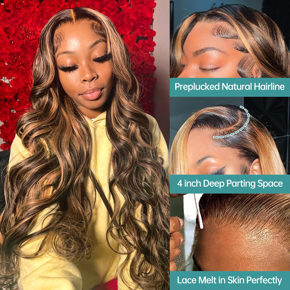 Body Wave Highlight Lace Front Wigs for Black Women 13X4 HD Transparent Lace Frontal Human Hair Wigs with Pre Plucked 30Inches