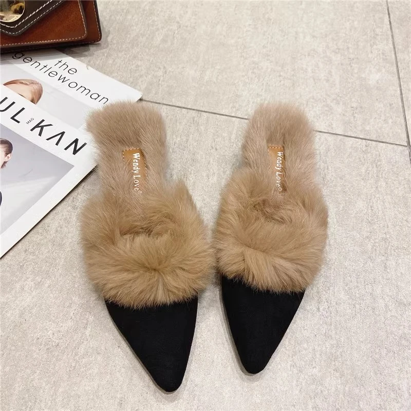 LazySealern Square Heel Warm Real Rabbit Hair Slippers Winter Pointed Toe Luxury Fur Square Heel Lady Mujer Indoor Slides