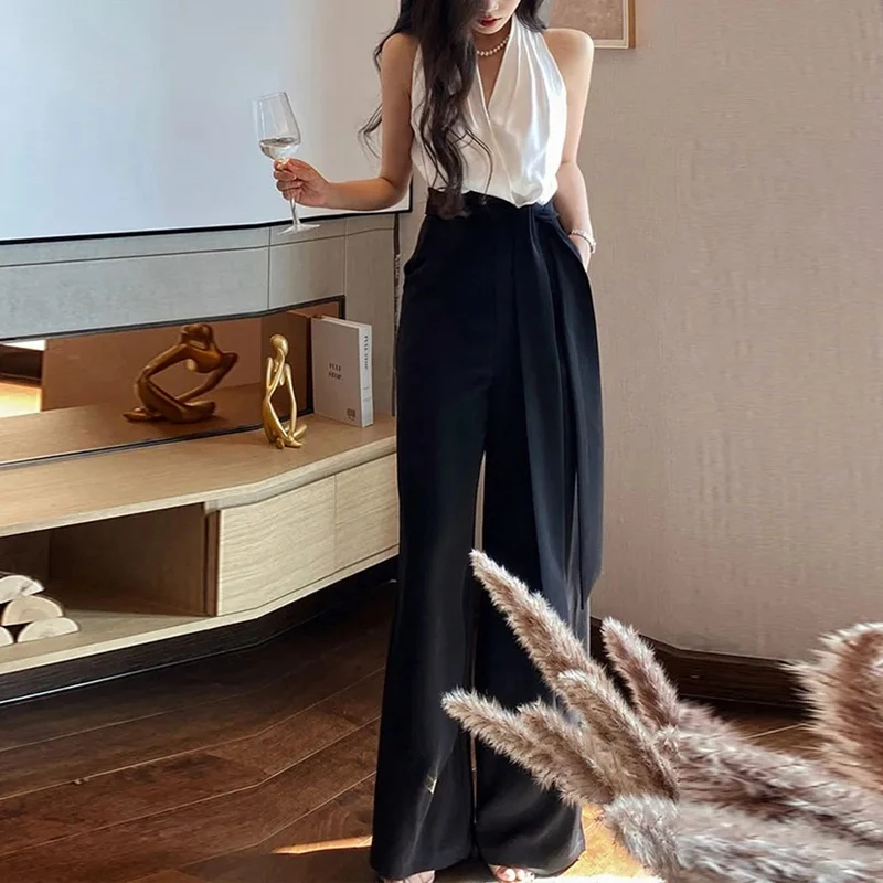 French Hepburn Halter Neck Jumpsuits Women Elegant Black And White Contrast Color Jumpsuit Party Ladies Summer Wide Leg Pants