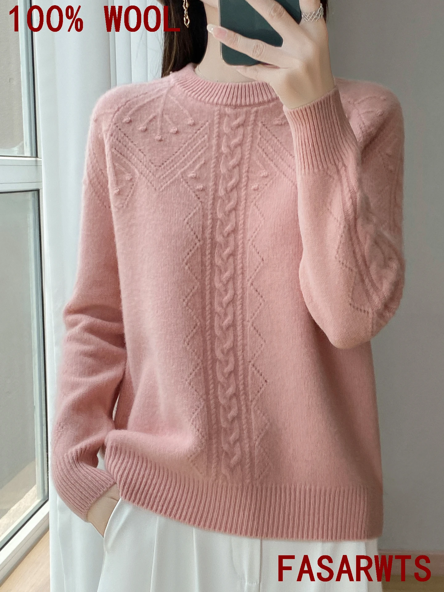 절묘한 여성 스웨터 100% 호주 양모 스웨터 플러스 사이즈 니트 자카드 속이 빈 패션 ONeck 풀오버 가을 겨울 탑