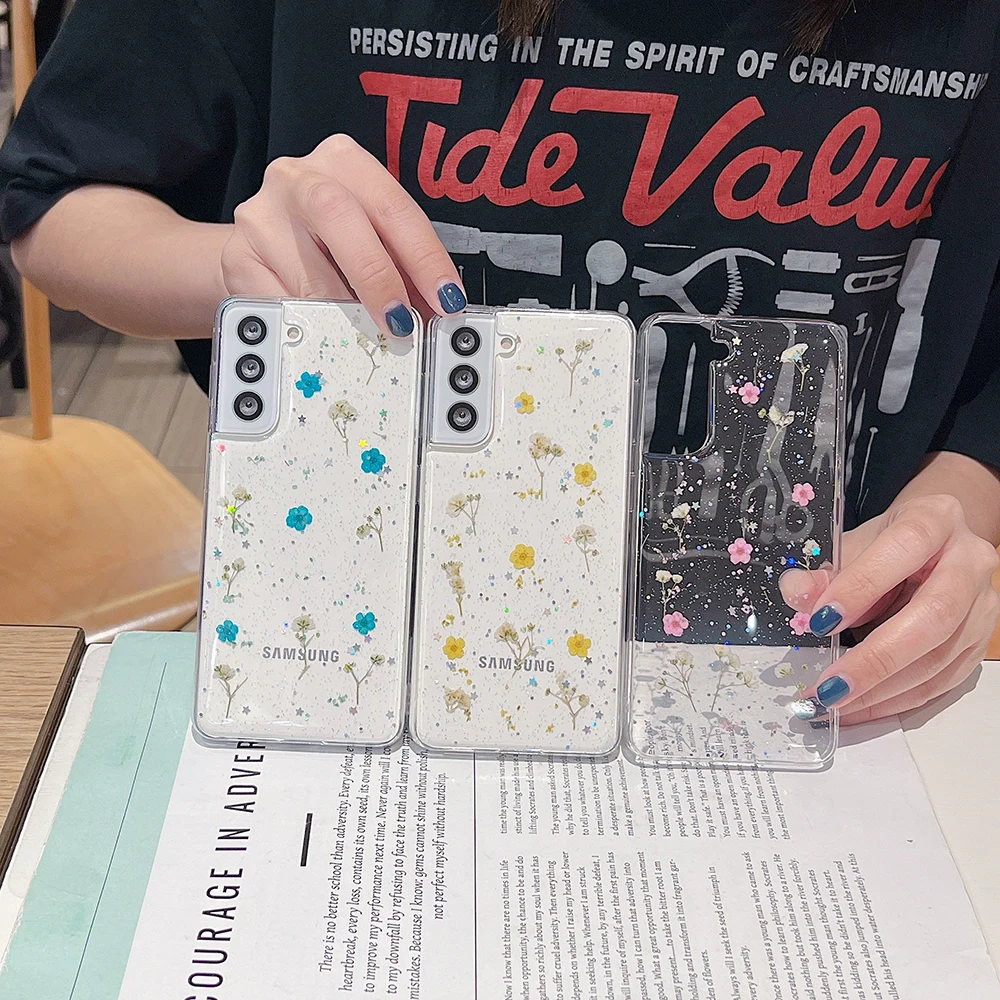 for Samsung Galaxy S26 S24 S25 S23 S22 S21 FE Ultra Plus Note20 Case Real Dry Flower Glitter Clear Epoxy Cover Crystal TPU Shell