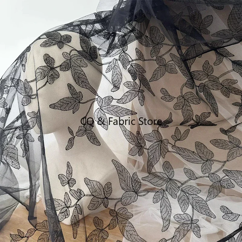 Black Leaf Silk Thread Embroidery Wedding Dress Lace Fabric European and American Dress Lace Accessories Designer Fabric