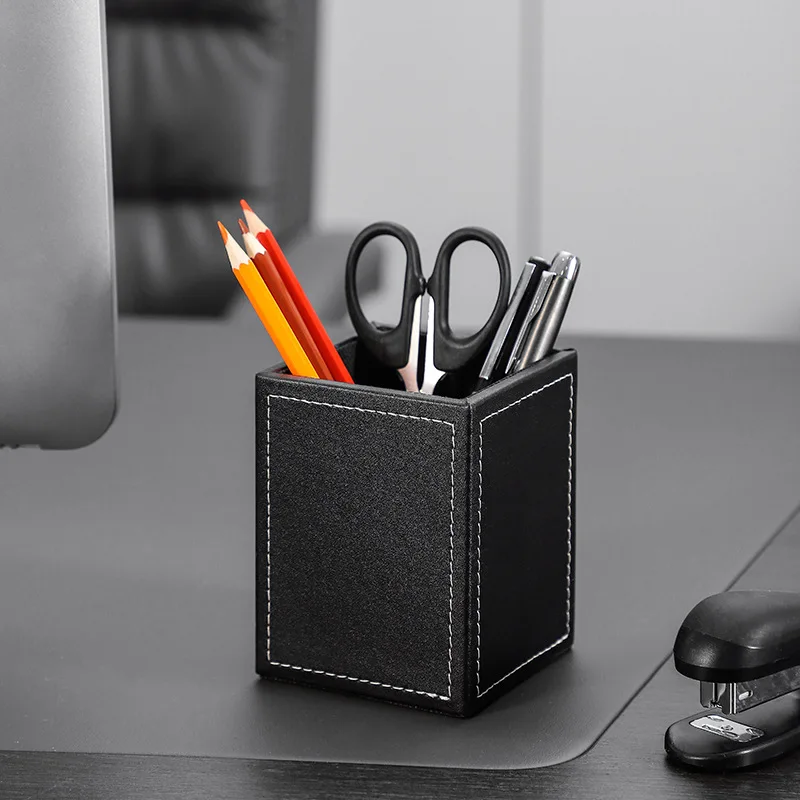 

Leather Pencil Holder Creative Student Stationery Office Simple Square Pencil Case Desk Organizer Black Business