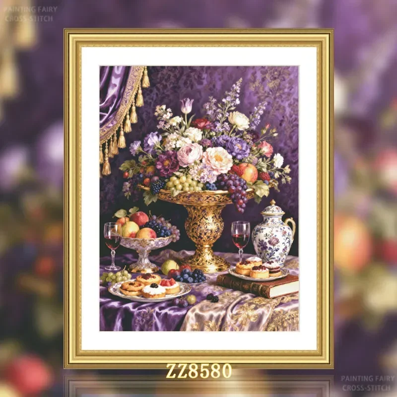 【ZZ8580-Purple Charm & Golden Radiance】 | Beginner DIY Stamped Cross Stitch Kit 11CT 14CT 16CT, Pre-Printed Canvas Cotton Thread