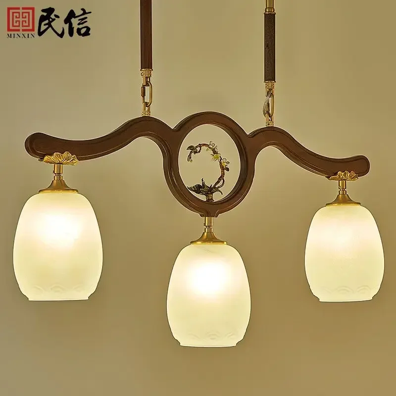 New Chinese Style Antique Solid Wood Chandelier - Three-Head Design for Restaurant & Bar