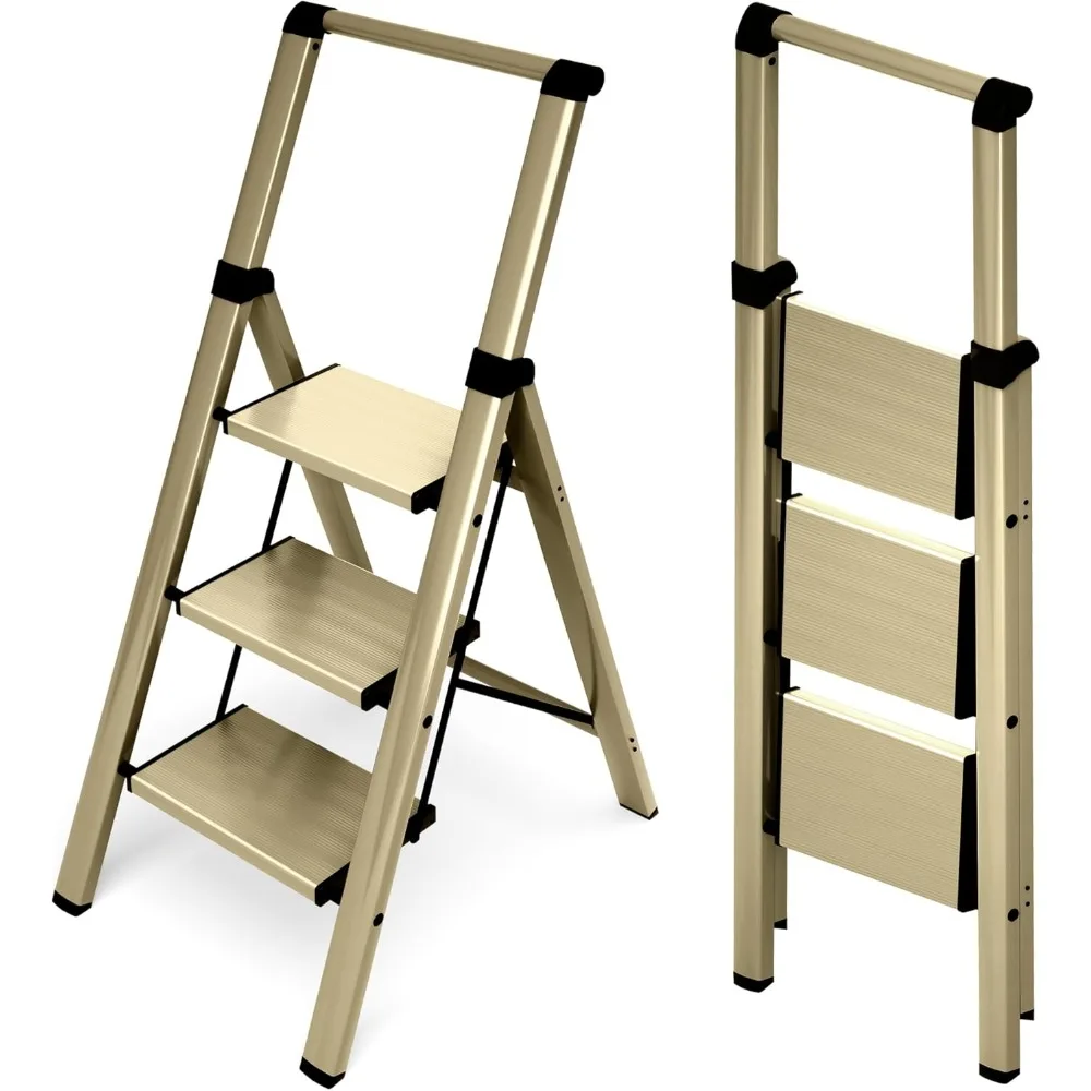 3 Step Foldable Aluminum Step Ladder with Handgrip, Anti-Slip Pedal, 330 lbs Capacity, Lightweight & Portable for Home, Kitchen