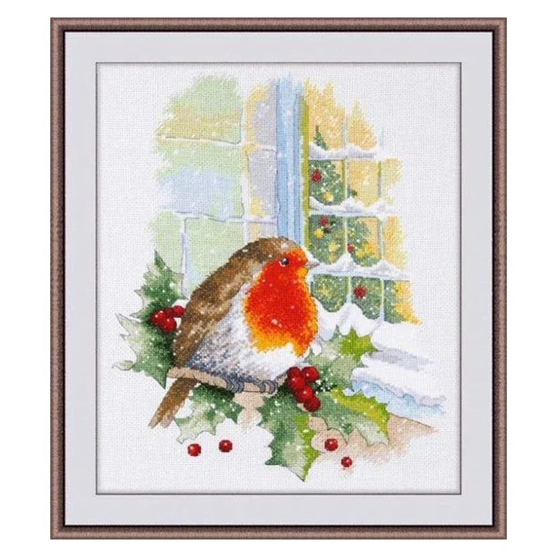 Amishop Lovely Counted Cross Stitch Kit Christmas Red Bird In Front Of The Window Robin Berries Oven 967