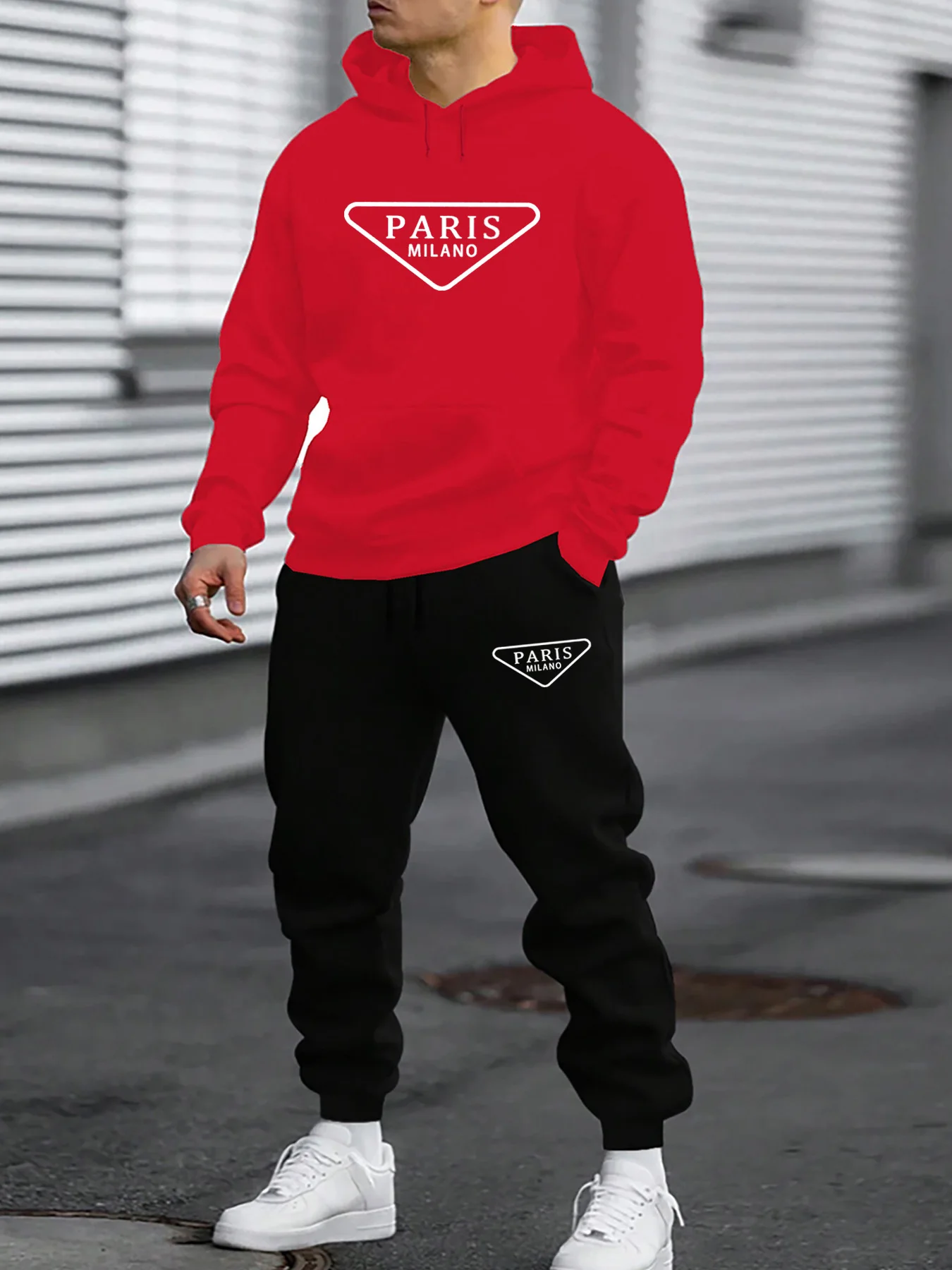 Pop Men's Autumn/Winter Casual Warm Fashion PARIS MILANO Pattern Print Loose Thick Velvet Sports Hoodie+Sweatpants Set