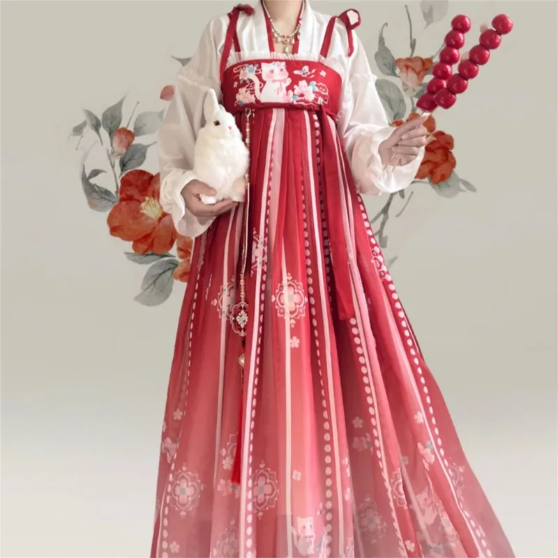 Chinese Hanfu Dress Women Traditional Vintage Cat Print Floral Hanfu Cosplay Costume Elegant Stage Dance Dress Hanfu Robe Sets