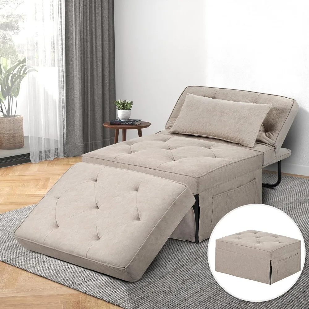 4 in 1 Multi-Function Folding Ottoman Bed with Adjustable Backrest, Modern Pull Out Sleeper Chair for Living Room Apartment