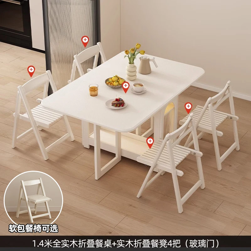 

White solid wood folding table integrated dining side cabinet cream wind retractable dining table multi-functional movable