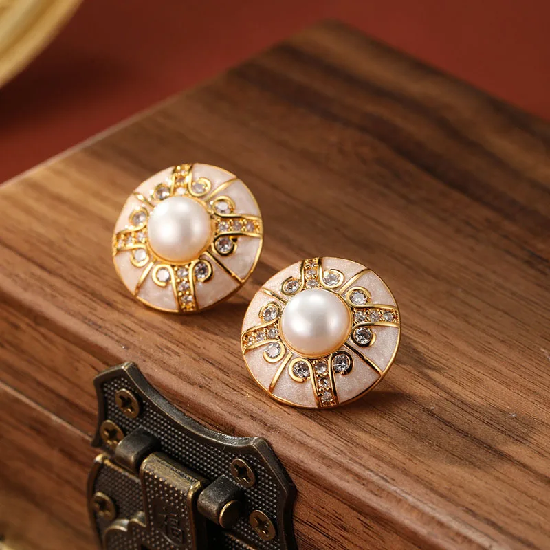 

Luxury Silver Needle Earrings European American Fashion Enamel round Titanium Steel Micro-Inlaid Zircon Natural Pearl