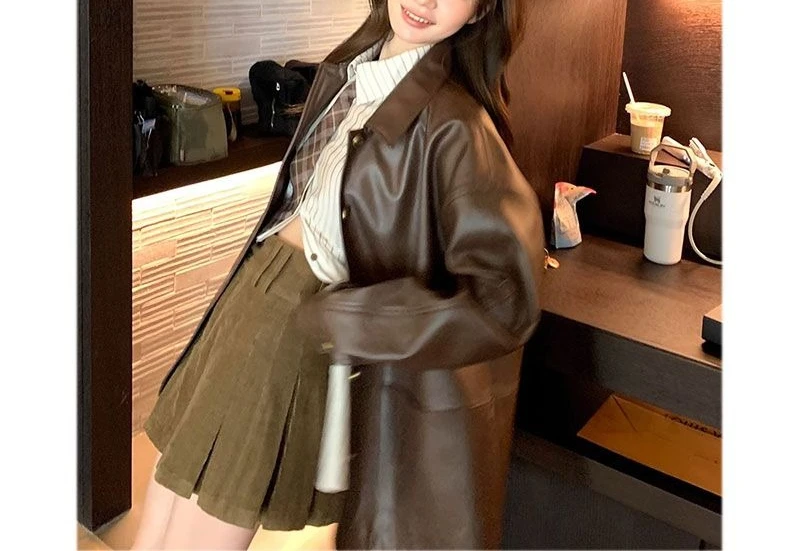 Women's Spring/Autumn New Style Korean Vintage Boxy Long Sleeve Slimming Brown Leather Jacket