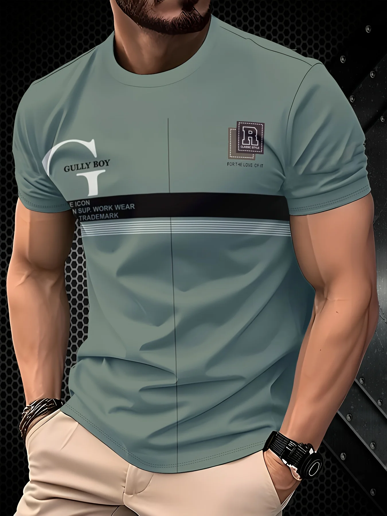 New men's short-sleeve T-shirt, loose-fitting and tailored with printed designs, versatile basic crew-neck top suitable for spri