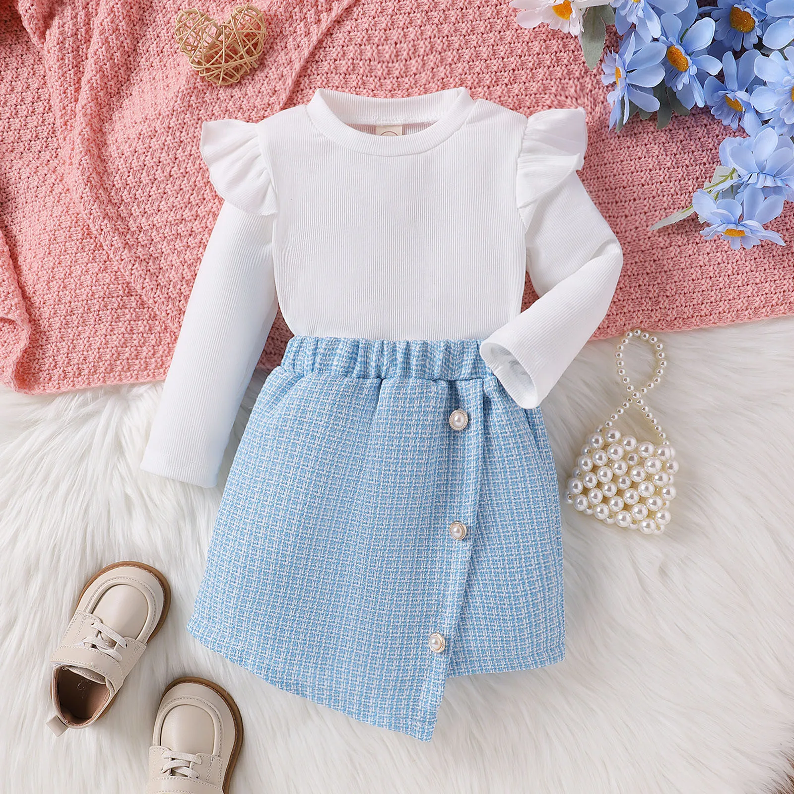 0-4Y Toddler Girls Clothes Fall Winter Clothes Sets Long Sleeve Top and Irregular Tweed Skirts Baby Kids Girls Outfit Sets 2Pcs