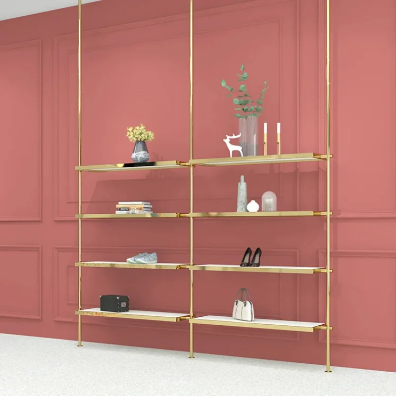 custom.Custom Shiny Gold Stainless Steel Wall Mounted Garment Store Rack with Easy Assembly Shoe and Bag Stores