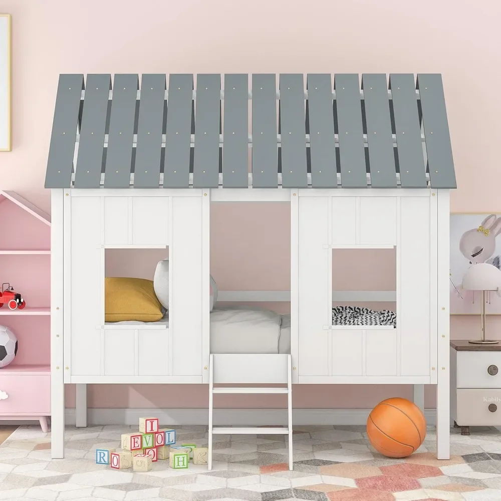 Loft Bed of Kids Bedroom,Twin Size Low Loft Bed with Windows and Roof, Wood Platform Bed Frame with Wood Slats Bedroom Furniture