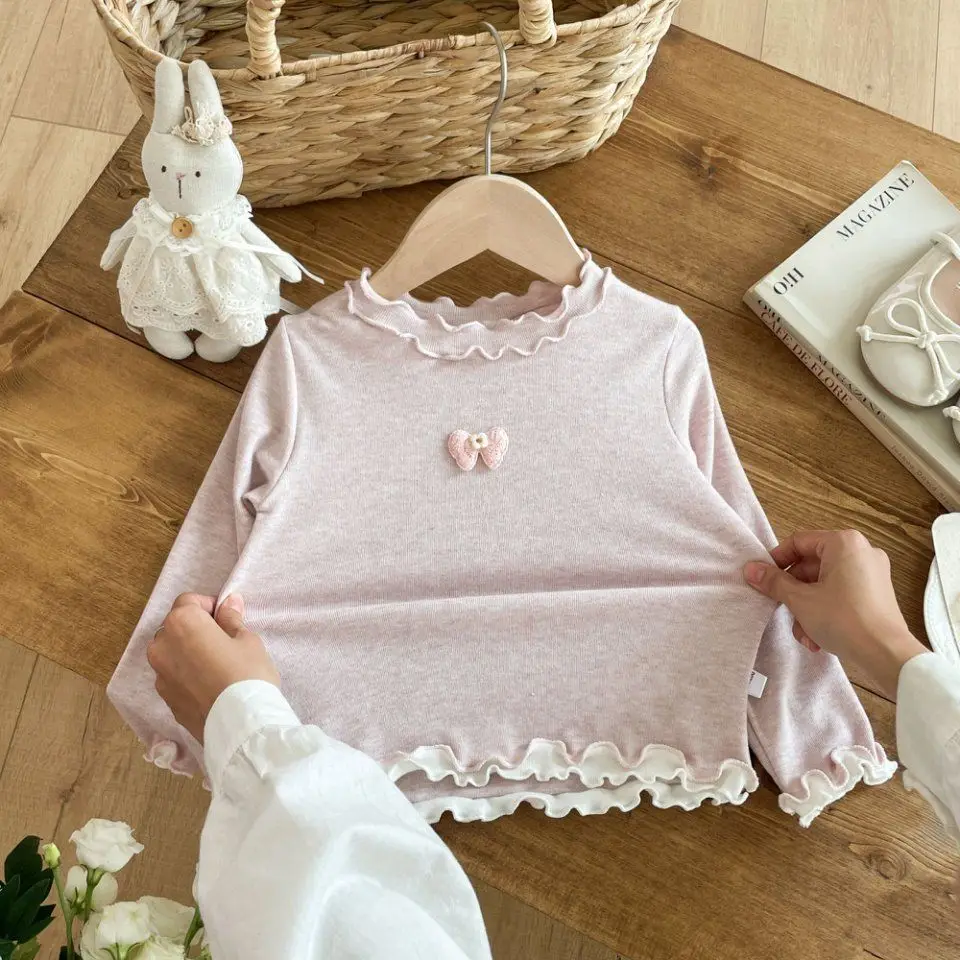 New Spring and Autumn Long Sleeved Butterfly Knot Solid Color Lace Girls' Versatile Round Neck Sweet Bottom Shirt