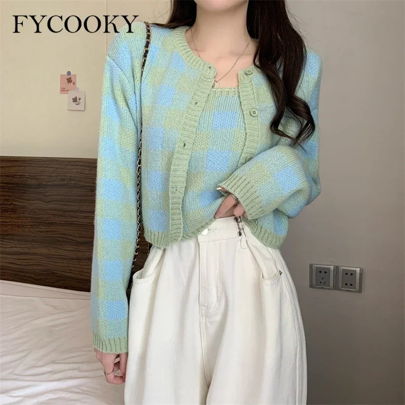 격자 무늬 패션 스웨터 코트 여성용, 새로운 니트 캐미 크롭 가디건, 투피스 정장, 가을 겨울