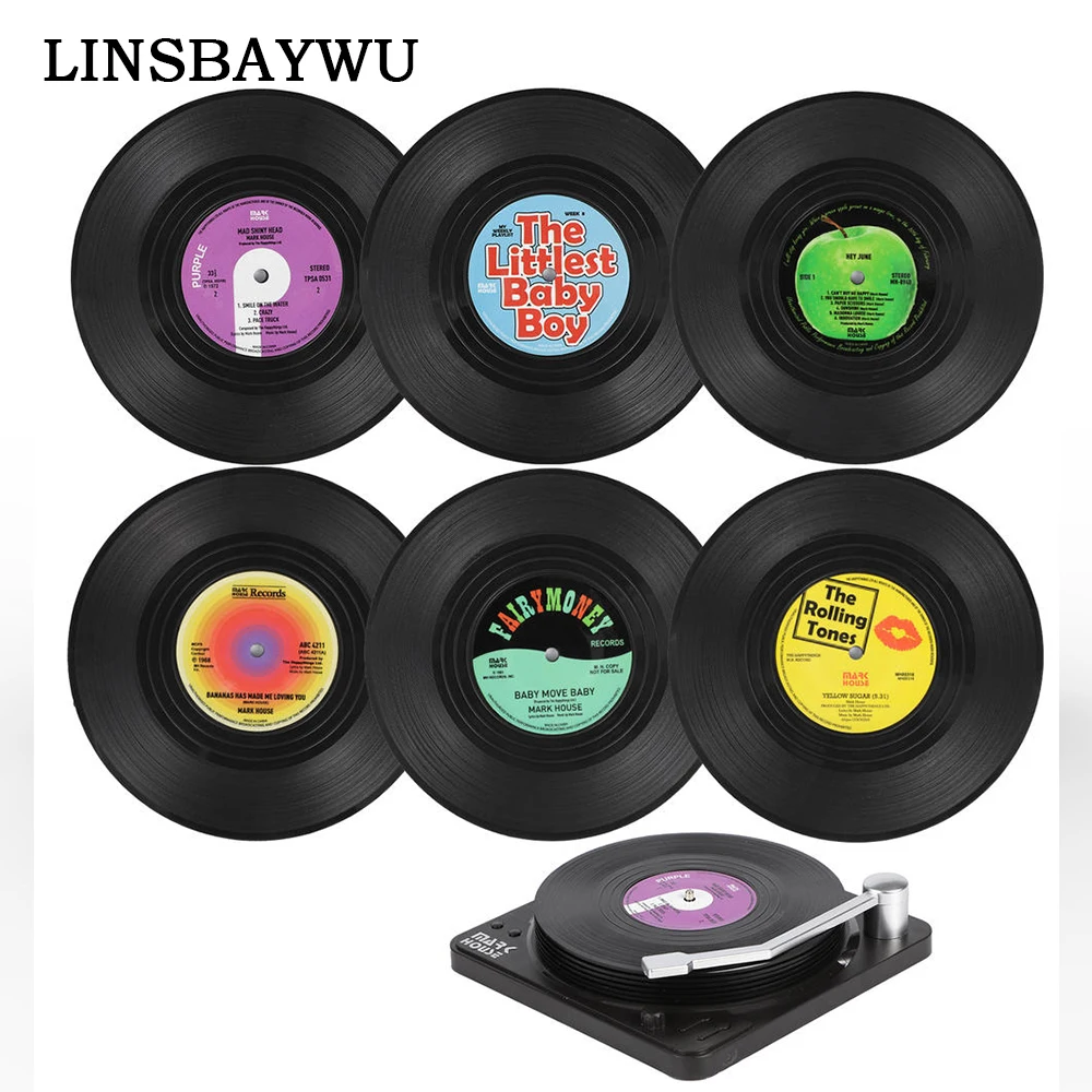 Retro Record Funny Absorbent Novelty Vinyl Disk Coasters with Vinyl Record Player Holder Effective Protection Desktop to Prevent