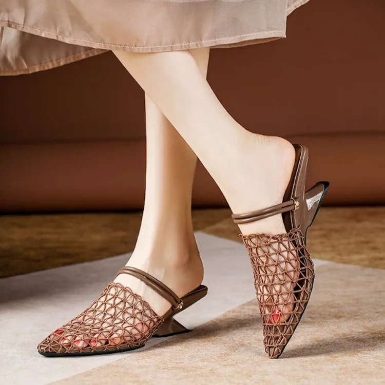 Women's 2026 New Solid Color Mesh Hollow Breathable Two-Wear Sandals Summer Fashion Trend Casual Shaped Heel Baotou Slippers