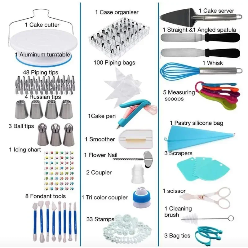 220pcs Cake Decorating Supplies Kit with Nonslip Turntable Stand, Piping Bags, Nozzle, lcing Spatula Whisk Pastry Too