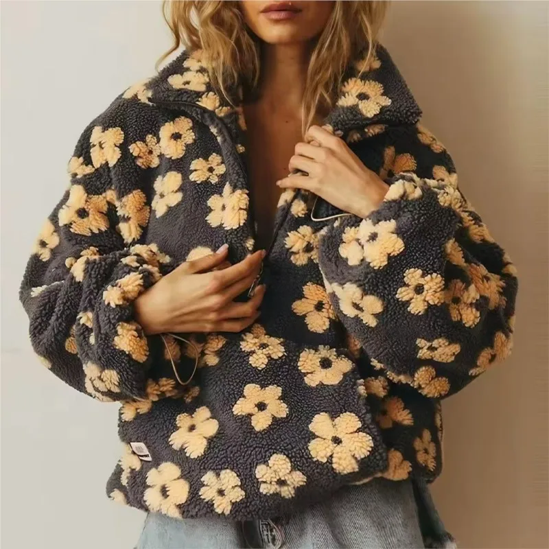 

Women's Sweatshirt Autumn Winter 2025 New Fashion Imitation Lamb Wool Printed Loose Zipper Hoodies Y2k Long Sleeve Top For Women