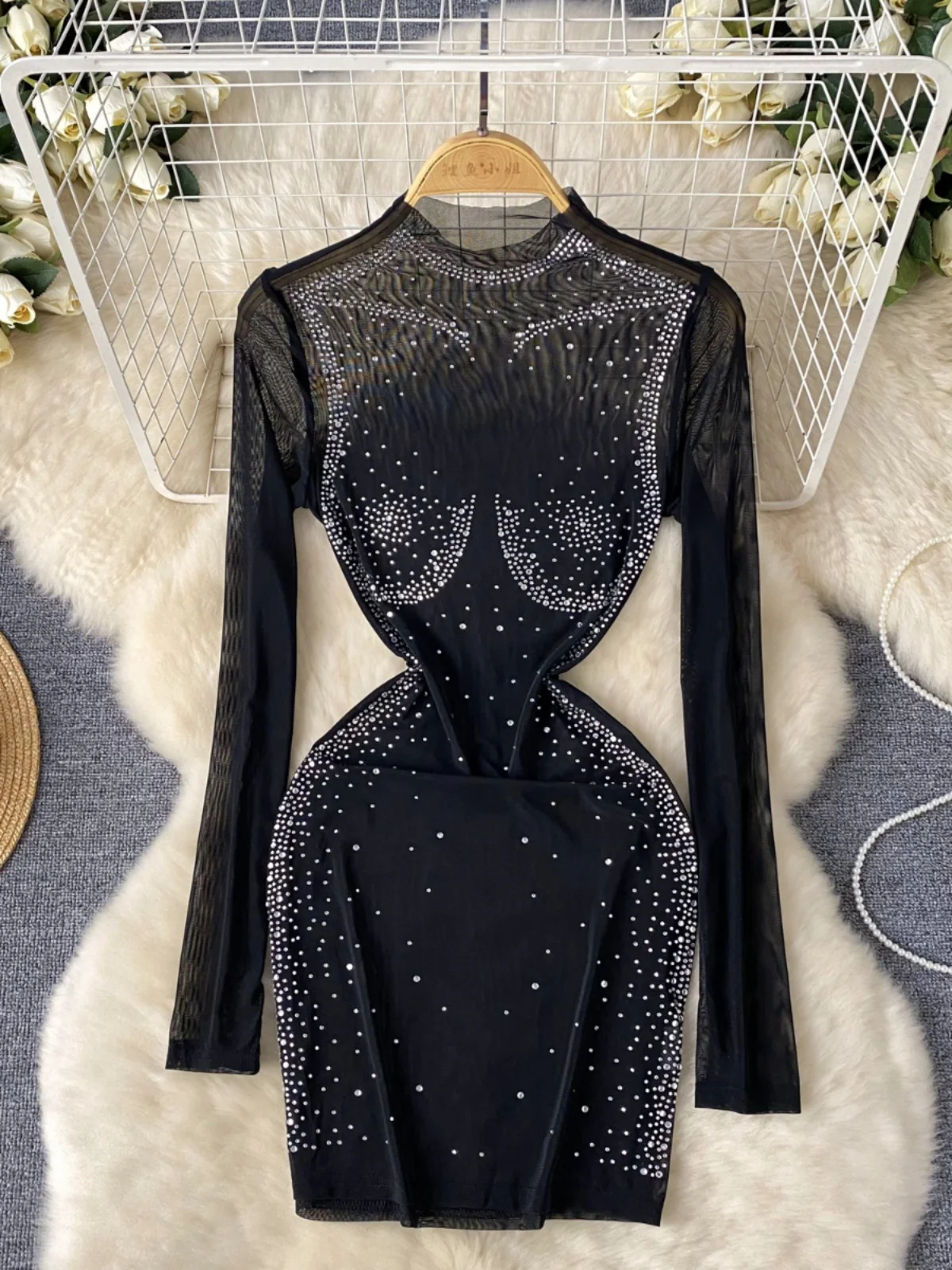 

Foamlina Sexy See Through Mesh Rhinestone Decoration Mini Bodycon Dress Women Summer Elegant Stand Collar Long Sleeve Club Dress