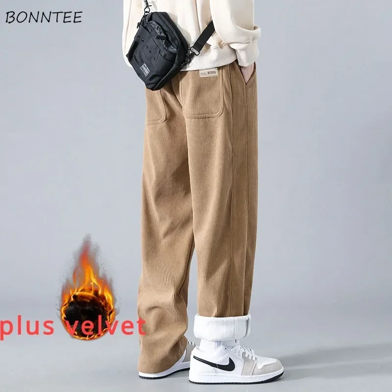 Casual Pants Men Plus Velvet Keep Warm Corduroy Fashion Teens All-match Straight High Street Loose Thicken Streetwear Chic Ins