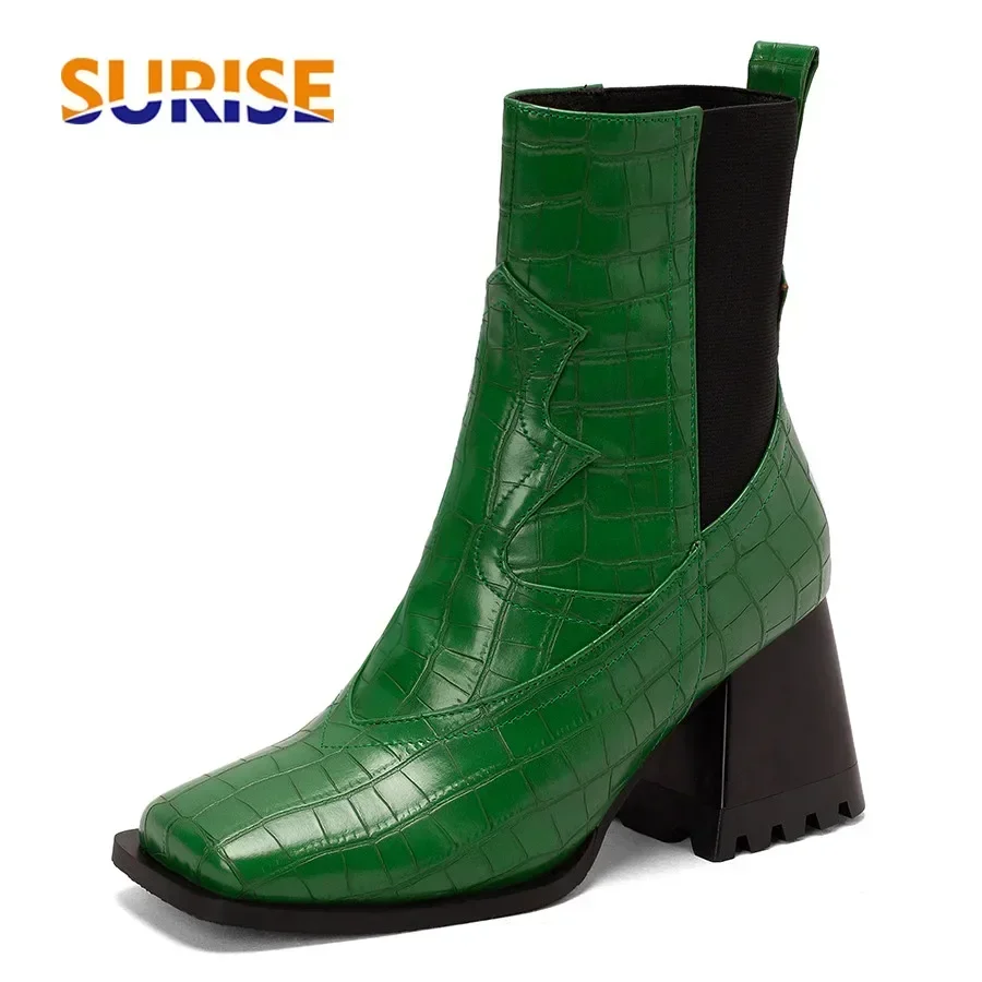 

Ботинки челси из искусственной крокодиловой кожи, женские ботинки на высоком блочном каблуке, зеленые, черные офисные платья в стиле ретро, женские зимние ботильоны с квадратным носком