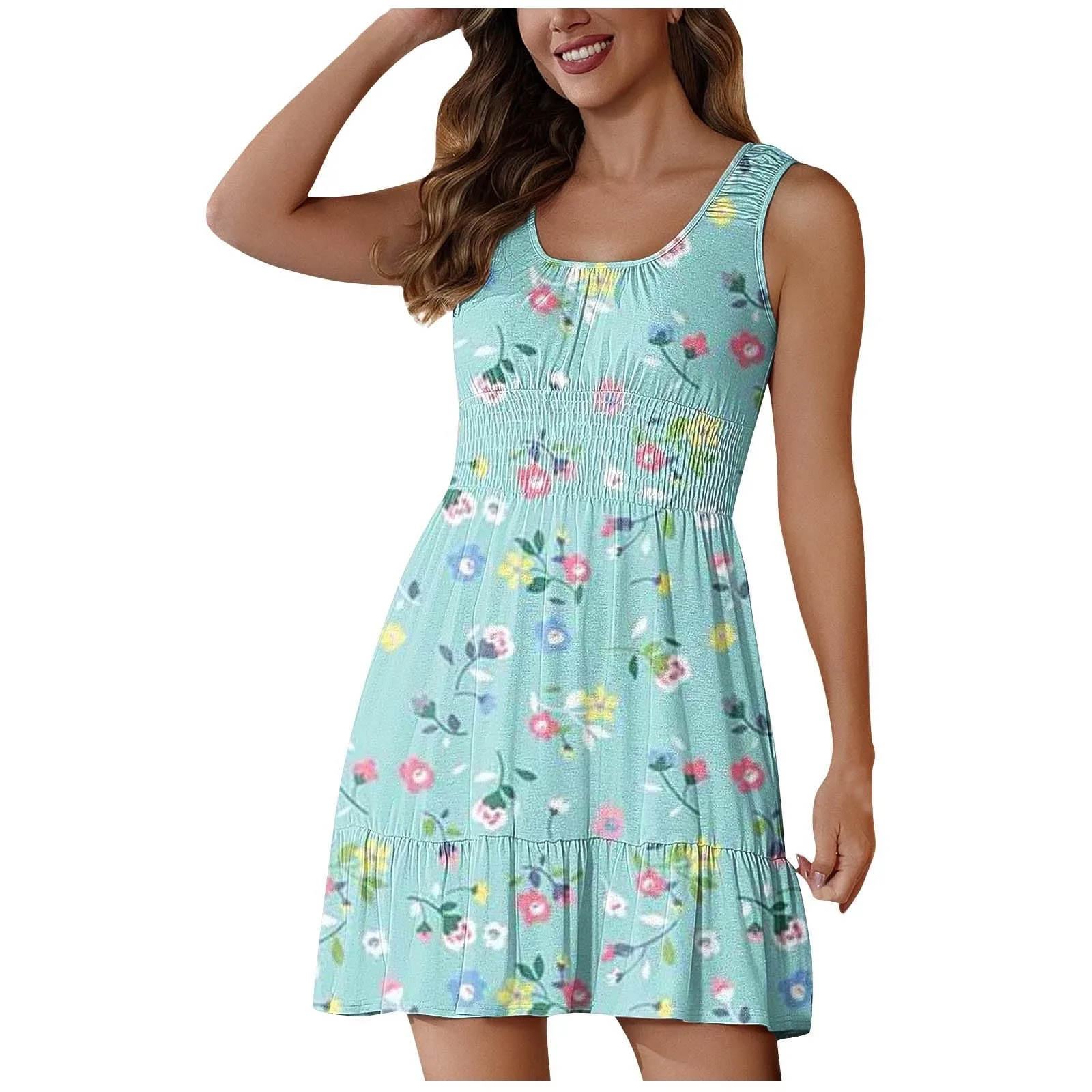 Female Casual Solid Color U-Neck Sleeveless Ruffles Mini Dress Boho Beach High Waist Skinny Sundress A-line Dress 2024 Summer
