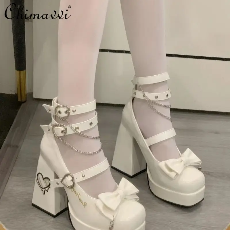 

Original Japanese Style Lo Shoes Mary Jane Waterproof High-heels Women's Sweet and Cute Bow Elegant Lolita Leather Shoes Pumps