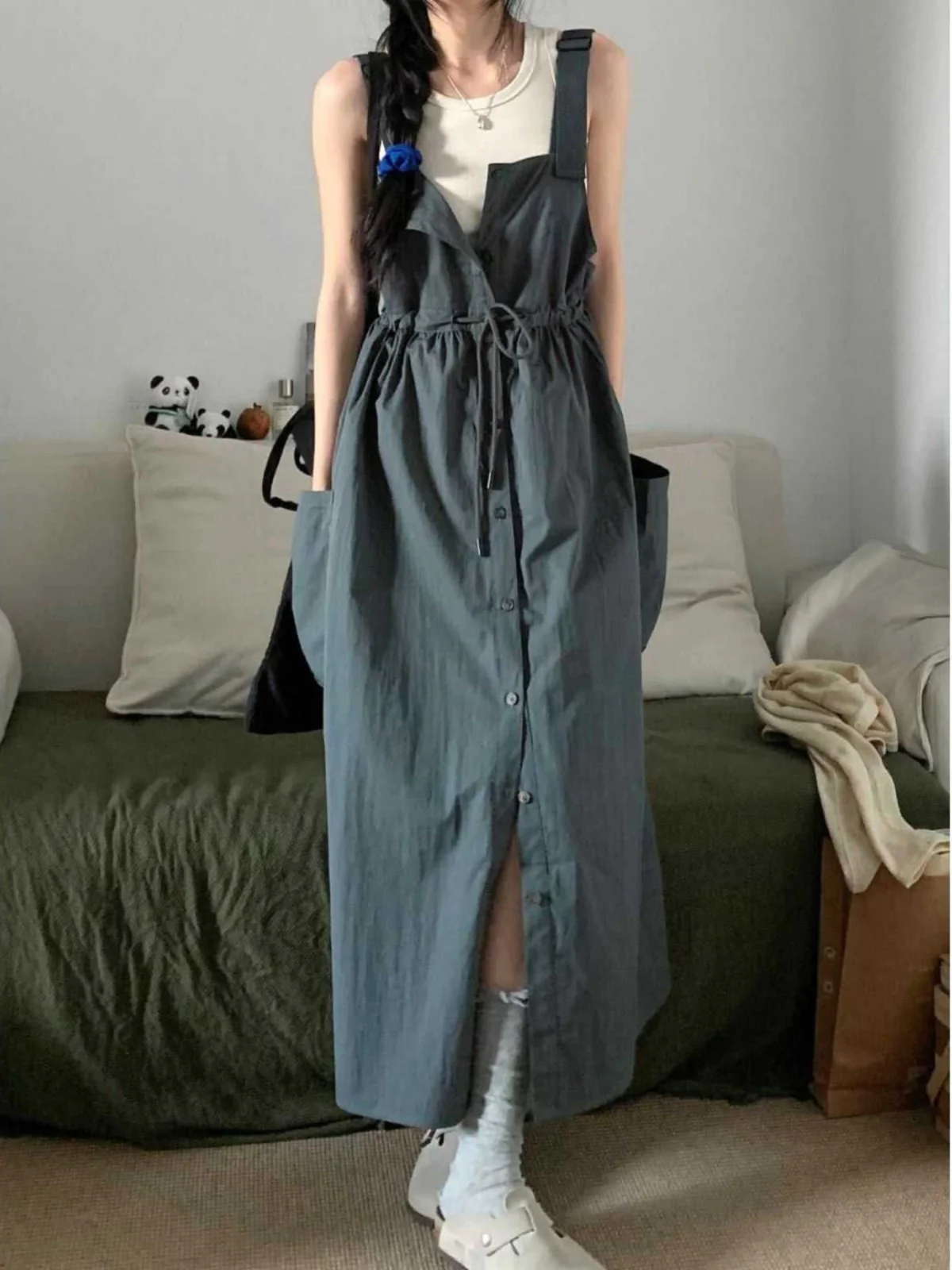 

American Retro Faion Set Vest Loose Meat Covering Slimming Workwear Overalls Two Piece Set Polyester Fabric Summer 2024