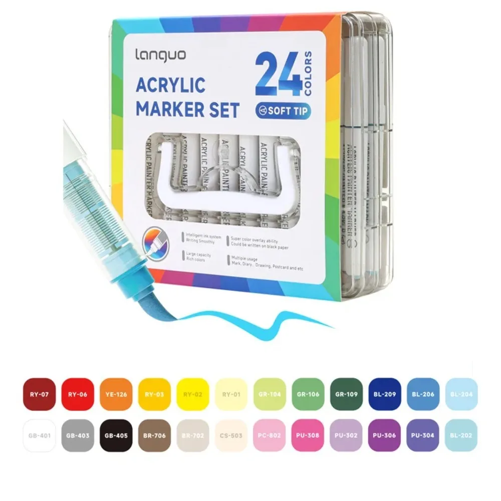 LANGUO Acrylmarkers, set van 24-288 kleuren, vloeibare verf, kunstmarkers voor doe-het-zelf schilderprojecten, inclusief vervangbare penpunten.