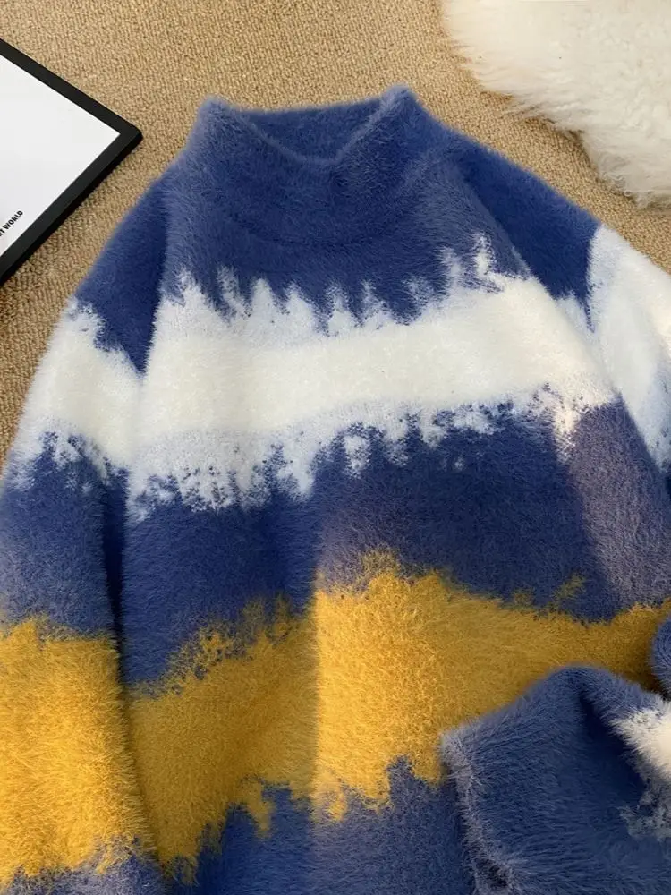 

Мужской зимний утепленный свитер с высоким воротником, свободного кроя, вязаный, в американском ретро-стиле, в полоску, для ношения под одеждой