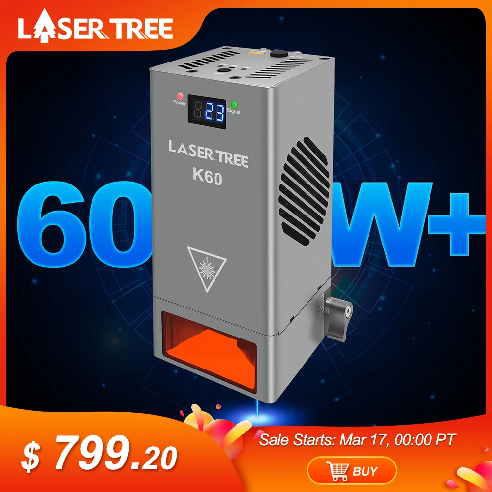 LASER TREE K60 Оптическая мощность 60 Вт Лазерная головка Регулируемый модуль питания 20 Вт/40 Вт для лазерного гравера с ЧПУ Резка Деревообработка DIY Инструменты