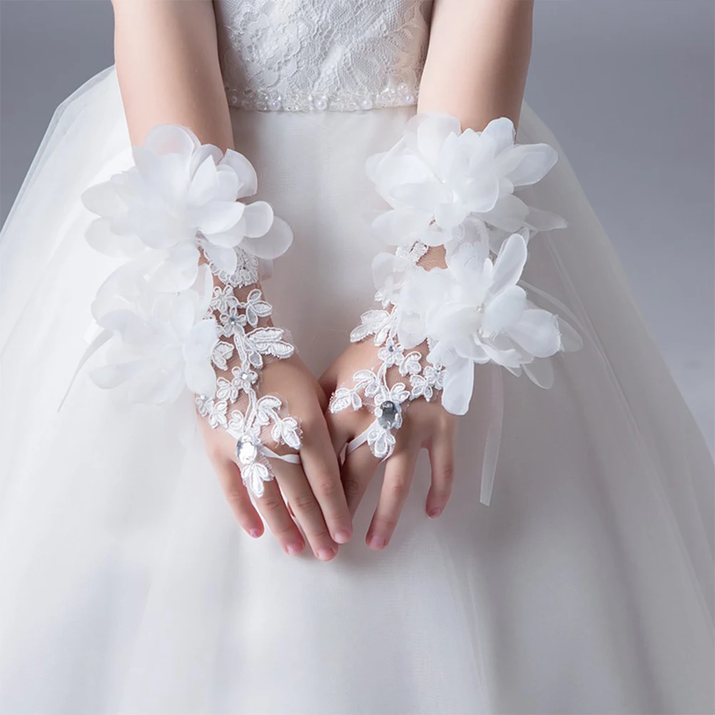 

1 Pair of Flower Girl Gloves Dress Wrist Short Gloves for Wedding Cosplay Costume Party (White, Free Size)