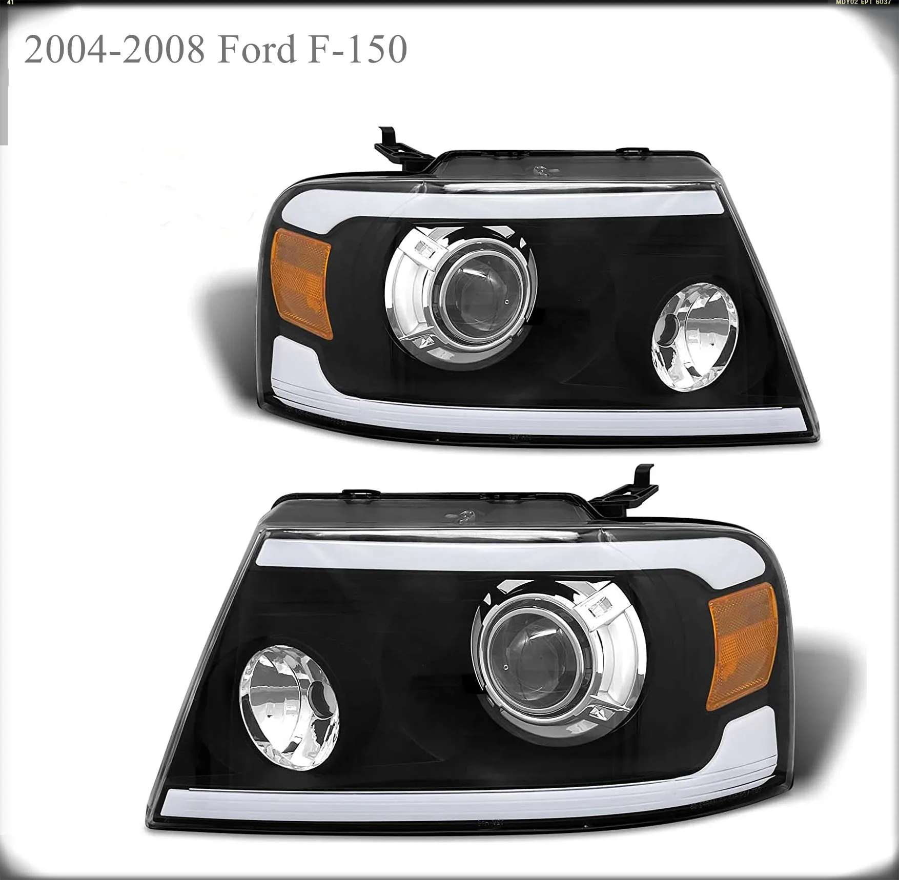 Sulinso Headlight Front Lamp Assembly Compatible For 2004-2008 Ford F-150 w/ Led DRL H7 Projector Black Housing (Set of 2)