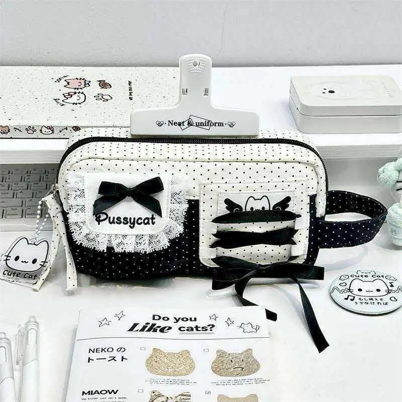 Cute Kitten Pencil Case With Lace Bow Details And Large Capacity Perfect For School Students Office Daily Stationery Storage