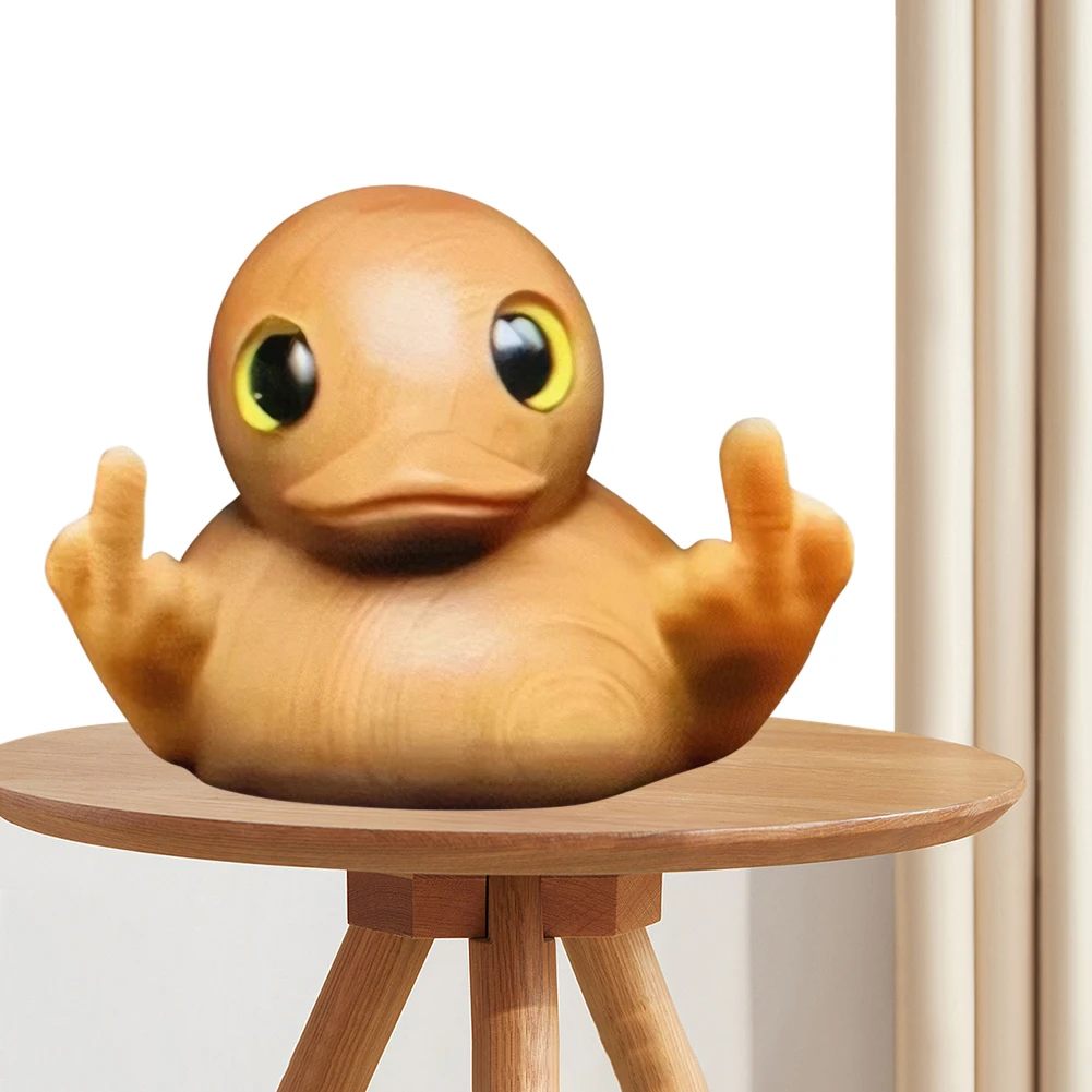 Mini statua di anatra multifunzionale in legno divertente con dito medio, statuette di anatra gialla, decorazione per desktop da ufficio domestico