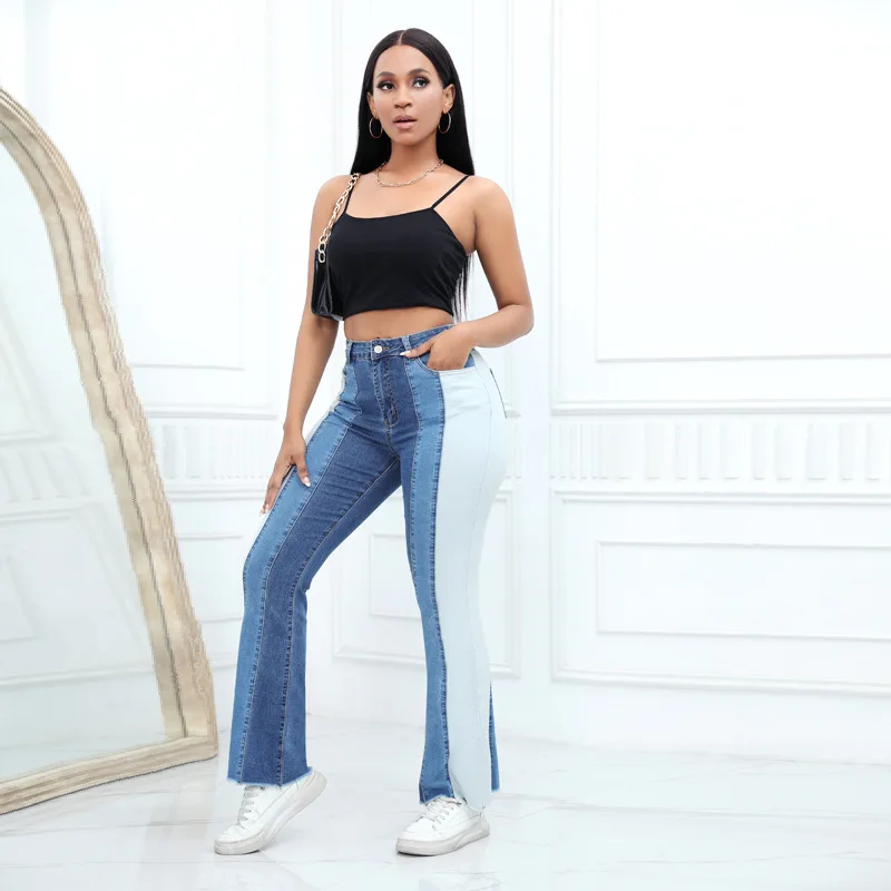 

European and American Style stretch fashionable washed contrasting jeans Women High Waist Retro Design Long Pants