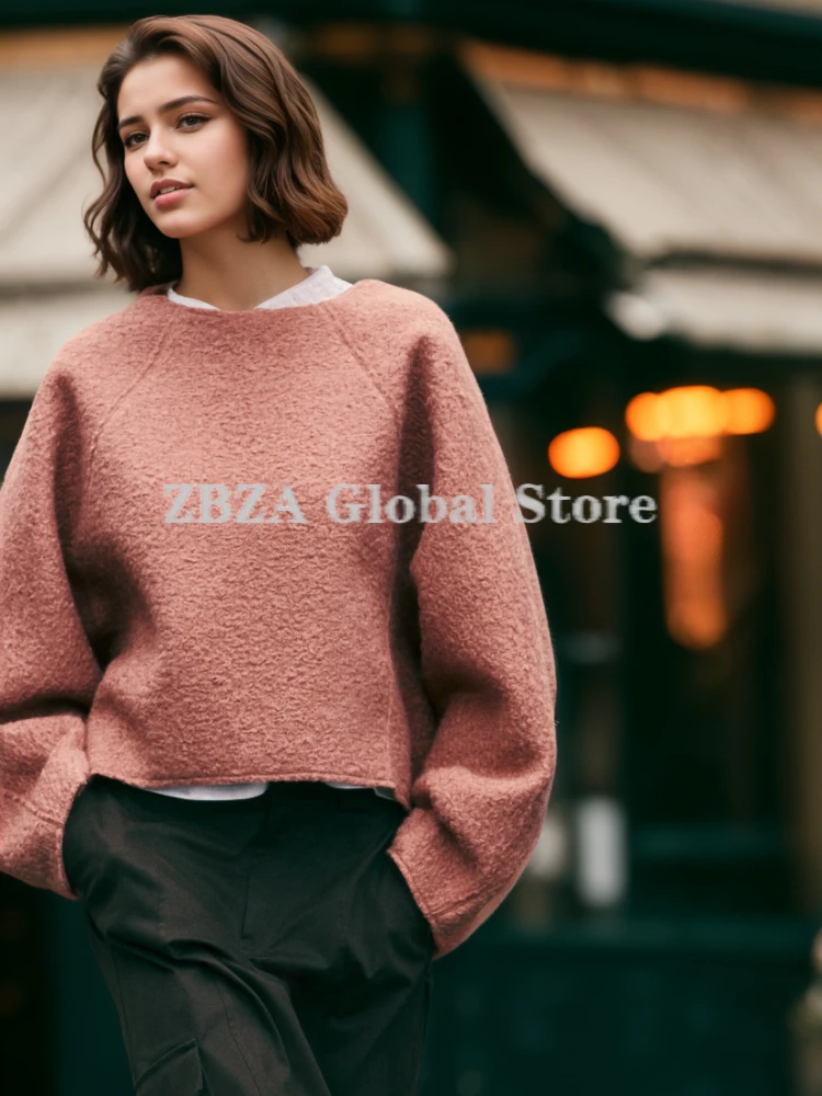 ZBZA Women's Vintage Pullover Sweatshirt Solid Lantern Sleeve Crew Neck Loose Jacket Autumn and Winter New Female Vogue Pullover