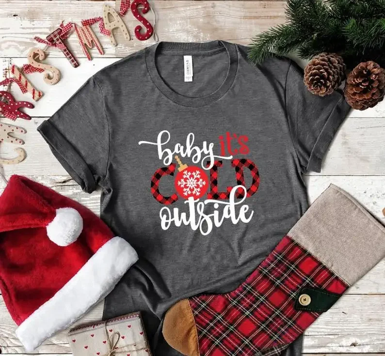 Christmas Shirts,Baby Its Cold Outside, Cute Buffalo Plaid Woman's  Women's Short sleeve Tee 100% Cotton Funny graphic t shirts