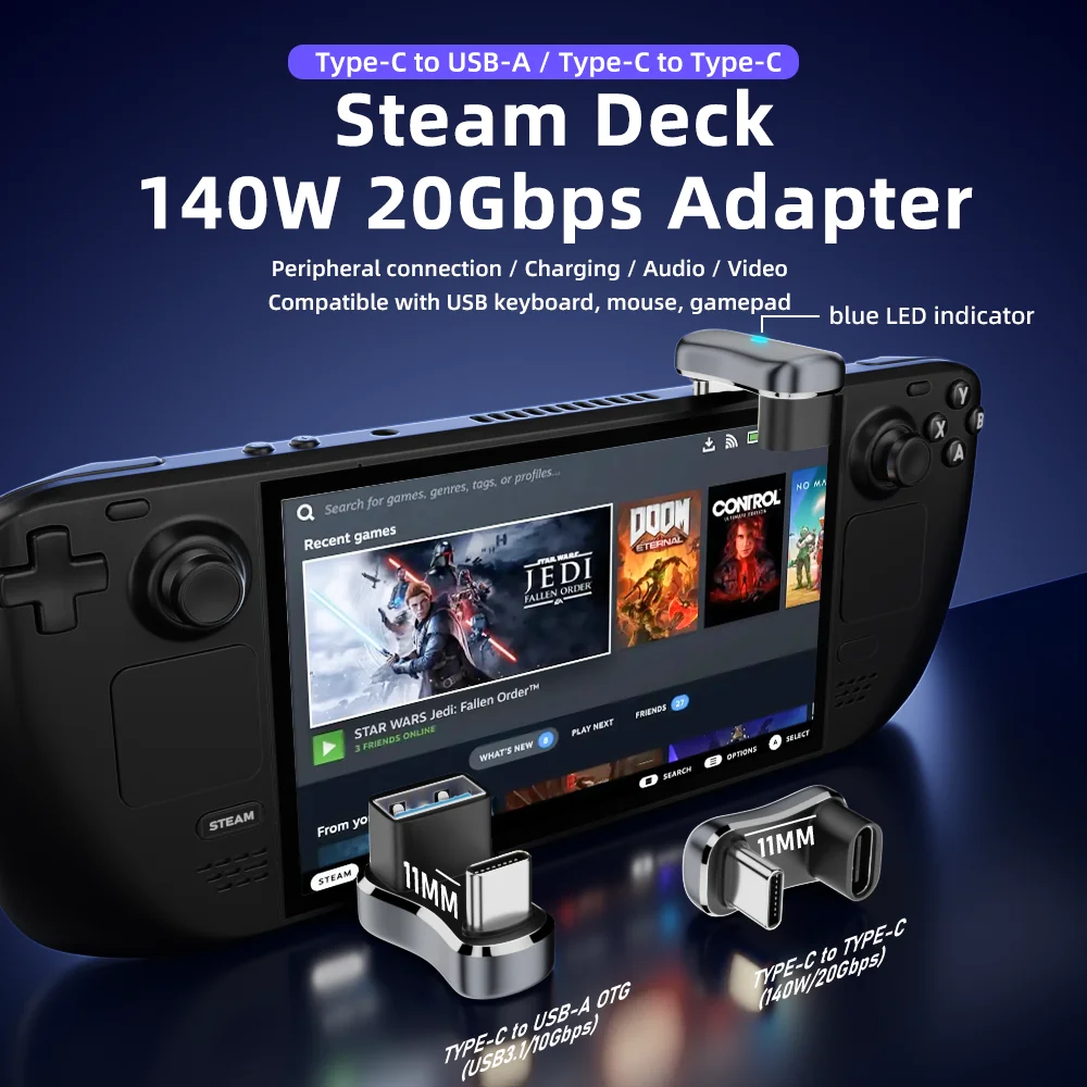 180° U-shaped Type C Female to Male Adapter 20Gbps PD 140W Fast Charging 4K@60Hz Video Output Cable Protector for Steam Deck